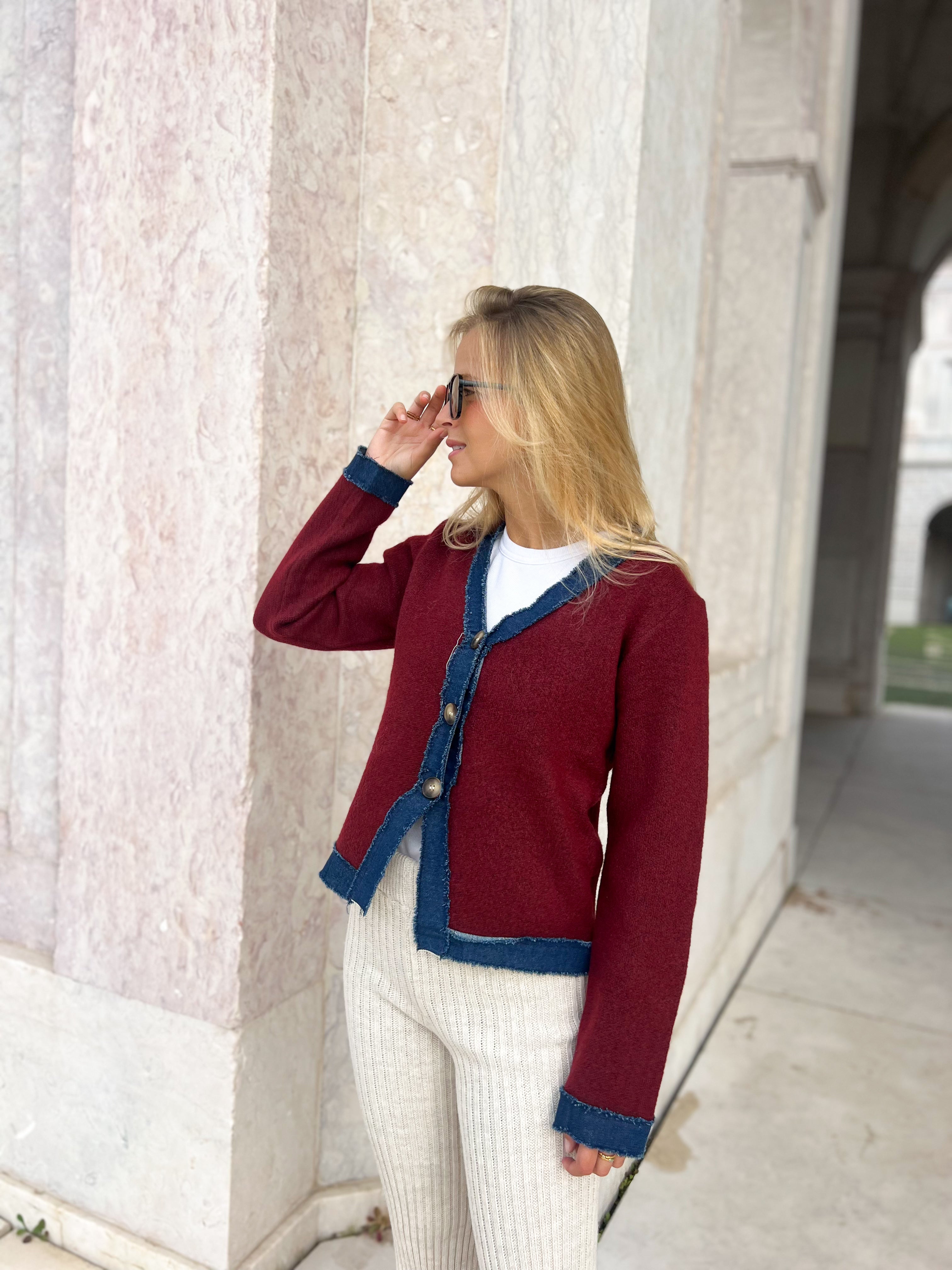 BORDEAUX KNIT CARDIGAN WITH DENIM DETAILS