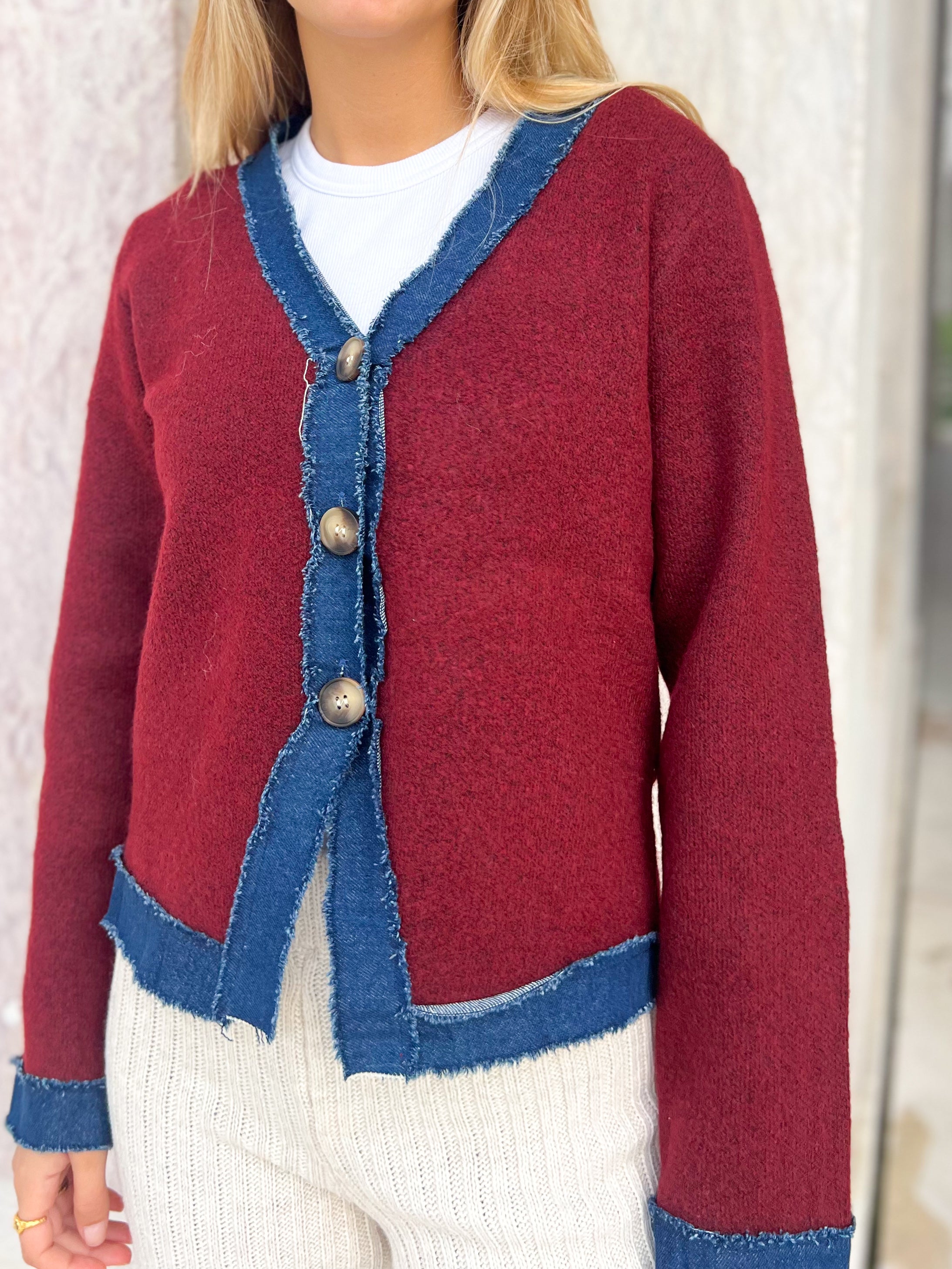 BORDEAUX KNIT CARDIGAN WITH DENIM DETAILS